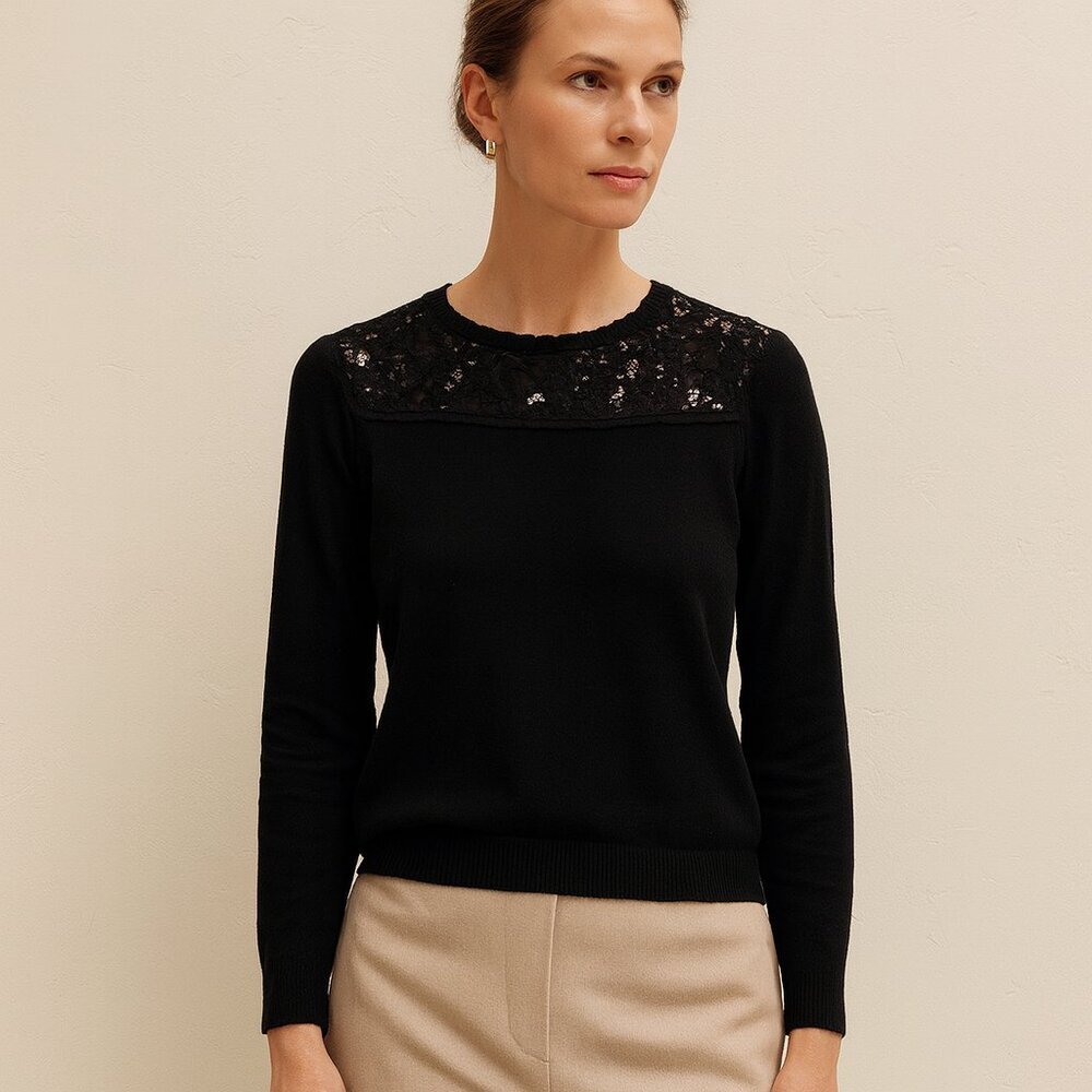 Brooks Brothers Womens Black Lace Sequin Sweater Size M Crew Neck Long Sleeve